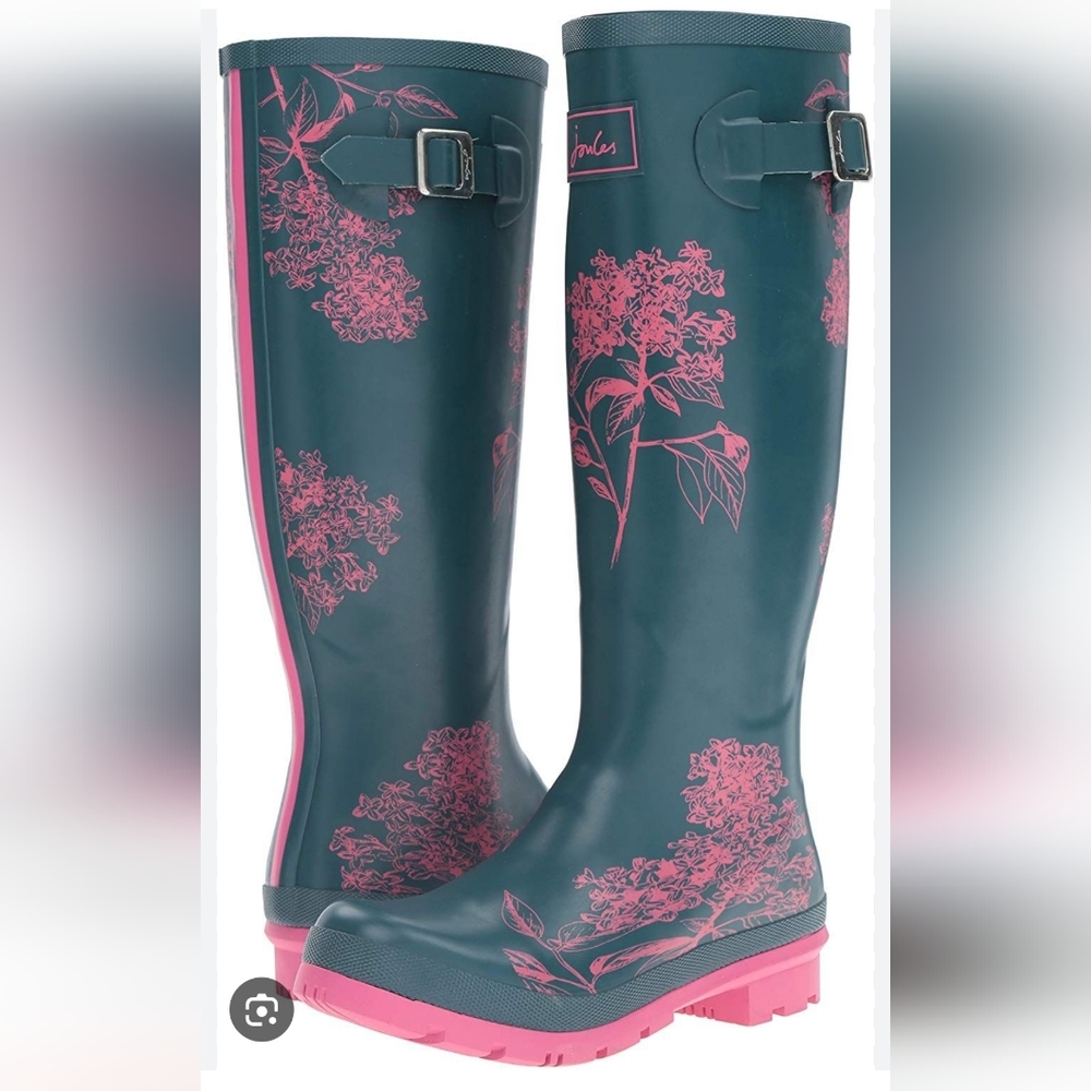 Joules Teal and Pink Hydrangea BootsJoules Women's Welly Print Rain Boot Sz 7 - Picture 9 of 16